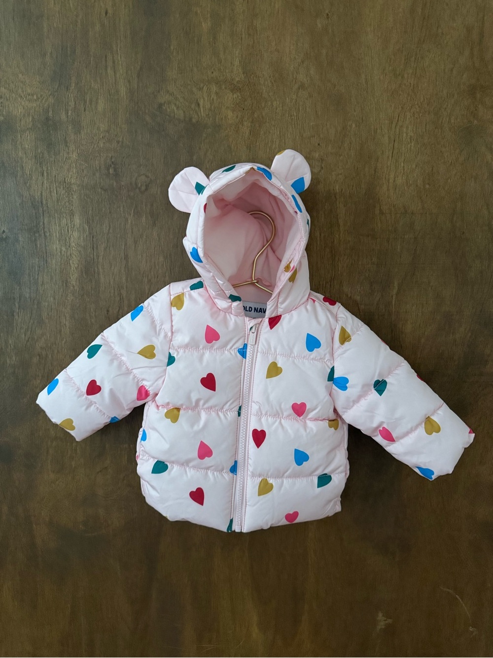 Old Navy Light Pink Heart Print Puffer Jacket with Hood